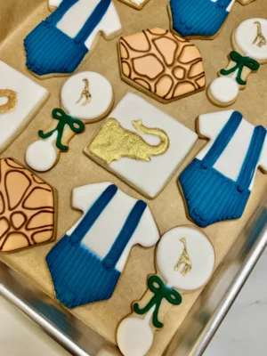 Baby Shower Cookies: Blue Outfit and Golden Animals