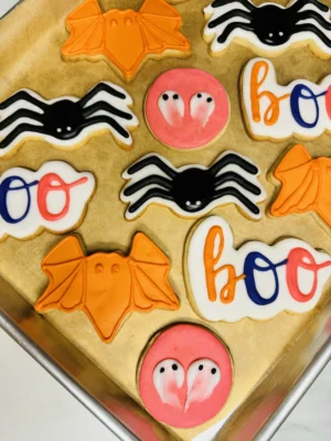 Halloween cookie set, spider cookie, ghost cookie, bat cookie, and "boo" cookie