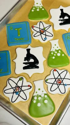 Science themed cookies for a 6th birthday party