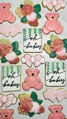 Flower, bows, and teddy bear twin baby shower cookies