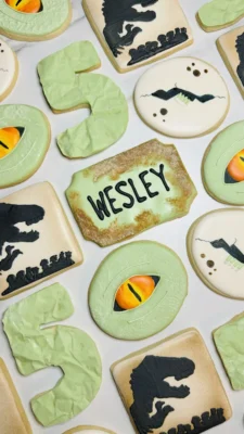 Dinosaur themed 5th birthday cookies