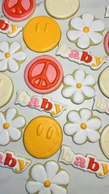 Hippie themed baby shower cookies