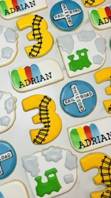 Train themed 3rd birthday cookies