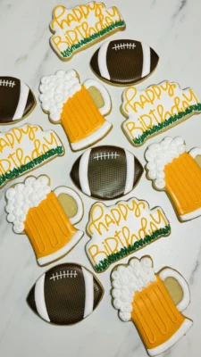 Football and beer themed birthday sugar cookies