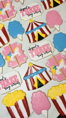 Carnival themed 3rd birthday sugar cookies