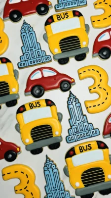 City themed 3rd birthday sugar cookies