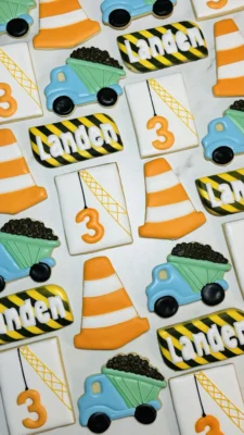 Construction themed 3rd birthday sugar cookies