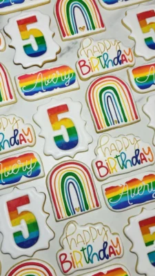 Rainbow themed 5th birthday sugar cookies